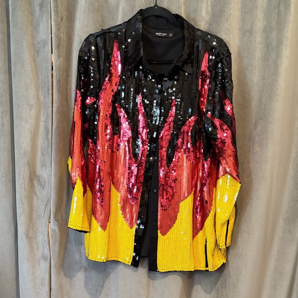 Nasty Gal Sequin Flame Jacket - Black, Red, Yellow